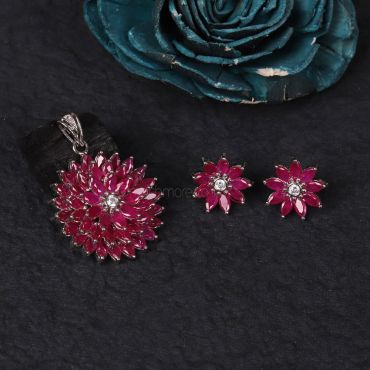Hot Pink Designer Flower Diamond Silver Polish Pendant Set