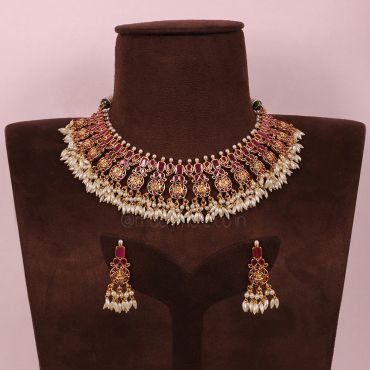 Ruby Maa Laxmi Temple Work Traditional Necklace Set