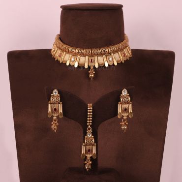 Gold Polish Traditional Ruby Choker Necklace Set