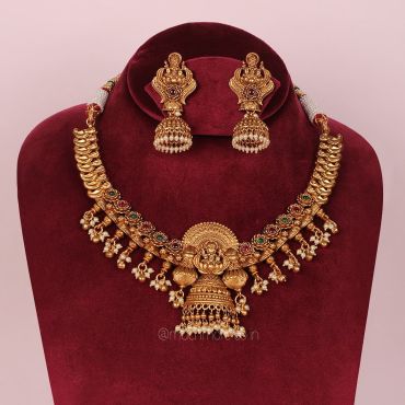 Temple Work Designer Necklace With Beautiful Jhumkas