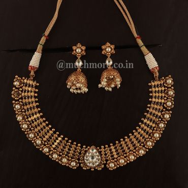 Goldnera Ethnic Gold Look Necklace With Jhumka 