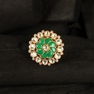 Green Gold Tone Kundan Ring For Traditional Women