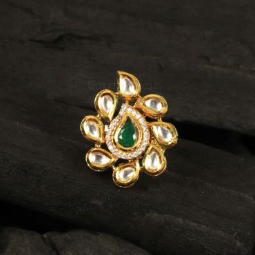 Diamond And Kundan Green Designer Ring