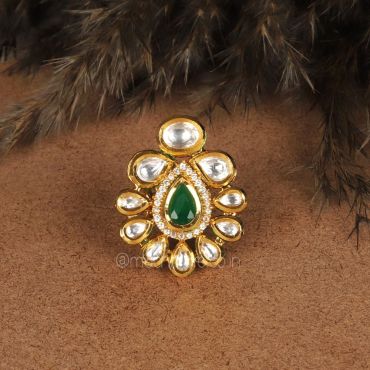 Gold Plated Emerald Green Kundan Work Ring
