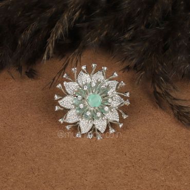 Silver Polished Mint Green Designer Flower Ring