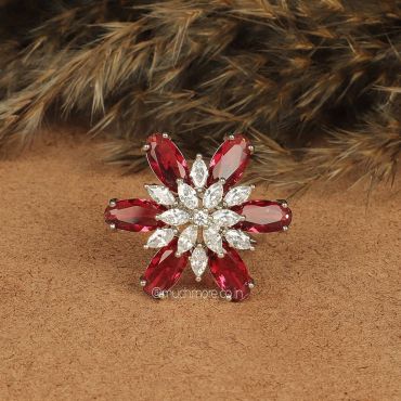 Silver Polish Red Ruby Diamond Studded Ring