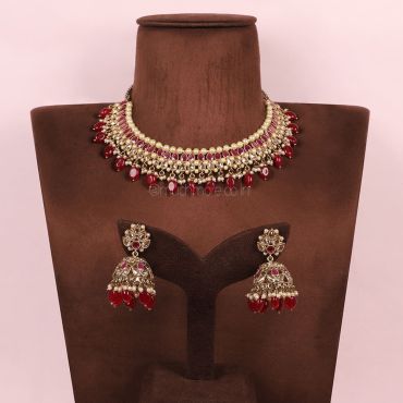 Ruby Dangling Antique Gold Polish Necklace With Jhumkas