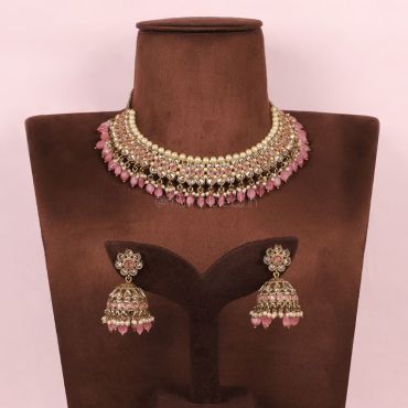 Baby Pink Semi Precious Drop Necklace With Jhumka