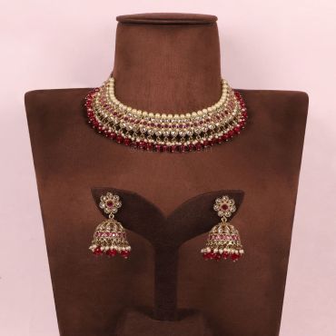 Ruby Color Gold Tone Necklace With Jhumkas For Brides
